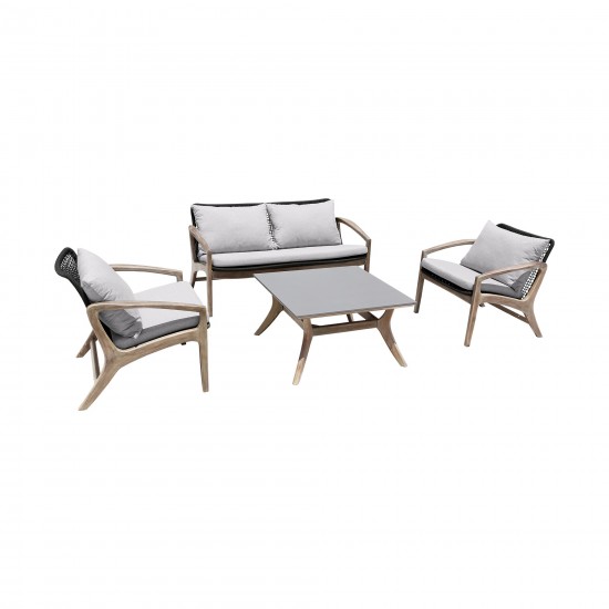 Brighton 4 Piece Patio Seating Set in Light Eucalyptus Wood with Charocal Rope