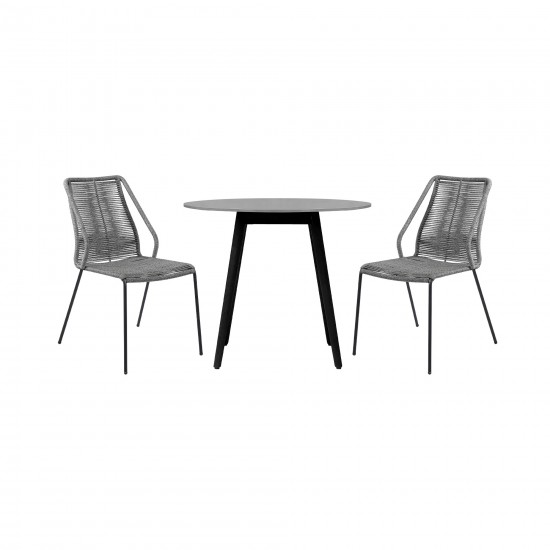 Sydney and Clip 3 Piece Patio 36" Dining Set in Black Eucalyptus Wood and Grey