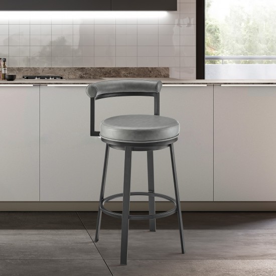 Neura Swivel Counter or Bar Stool in Black Finish with Grey Faux Leather
