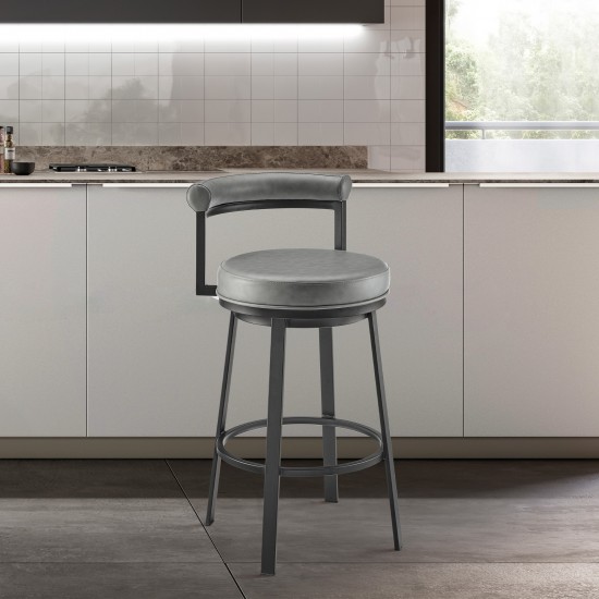 Neura Swivel Counter or Bar Stool in Black Finish and Grey Faux Leather