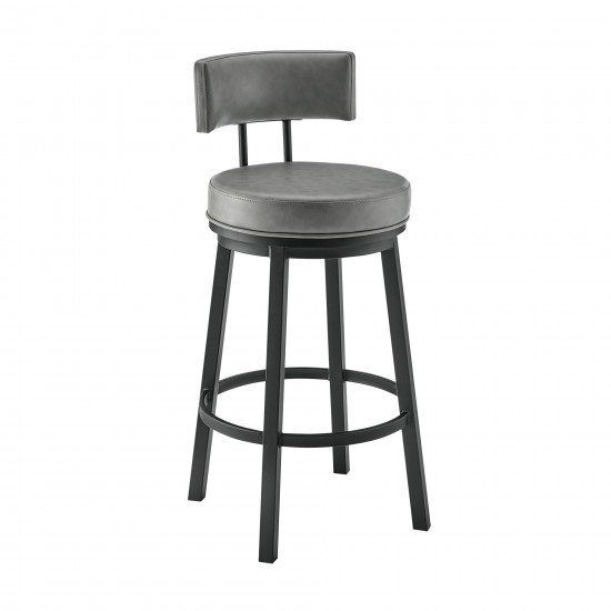 Dalza Swivel Counter or Bar Stool in Black Finish with Grey Faux Leather