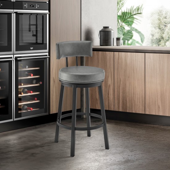 Dalza Swivel Counter or Bar Stool in Black Finish with Grey Faux Leather