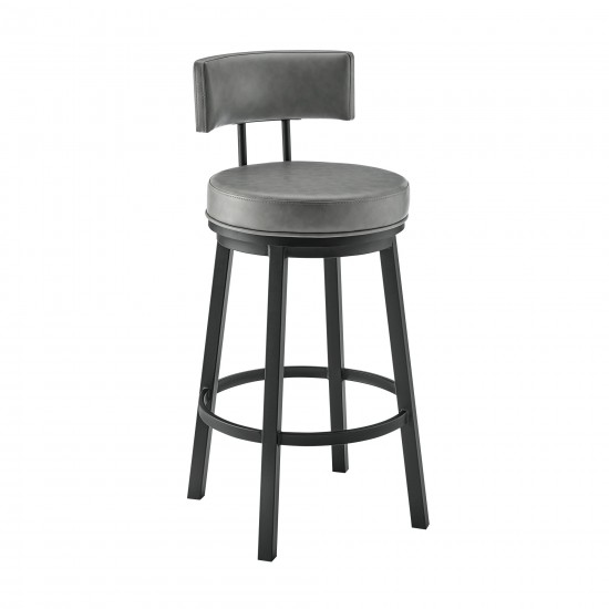 Dalza Swivel Counter or Bar Stool in Black Finish and Grey Faux Leather