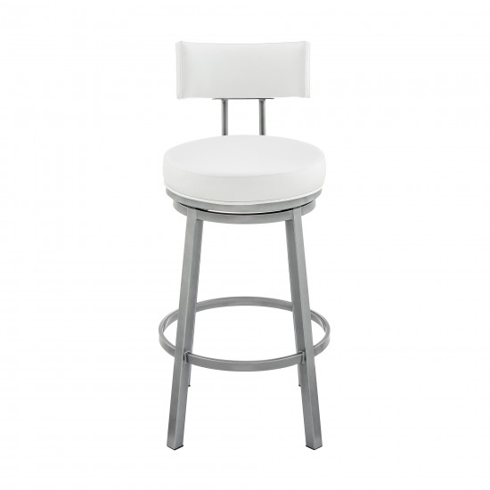 Dalza Swivel Counter or Bar Stool in Cloud Finish with White Faux Leather