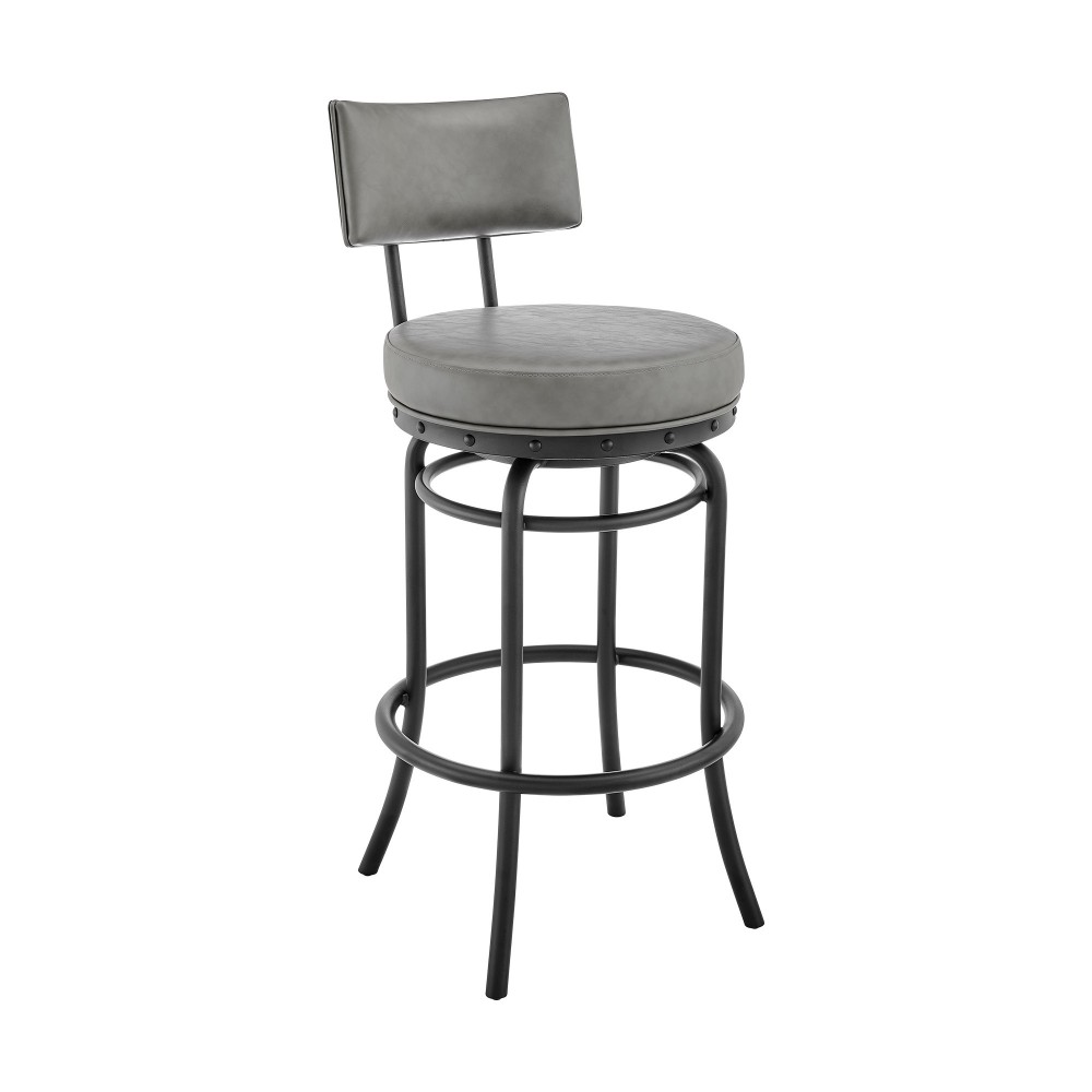 Rees Swivel Counter or Bar Stool in Black Finish and Grey Faux Leather