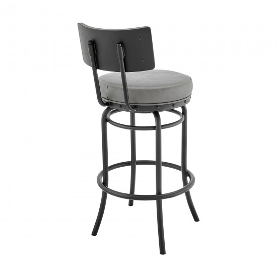 Rees Swivel Counter or Bar Stool in Black Finish and Grey Faux Leather