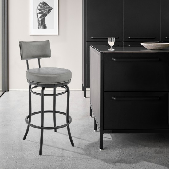 Rees Swivel Counter or Bar Stool in Black Finish and Grey Faux Leather