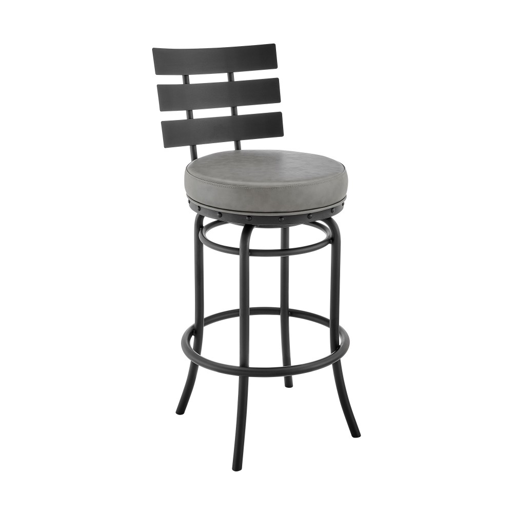 Natya Swivel Counter or Bar Stool in Black Finish and Grey Faux Leather