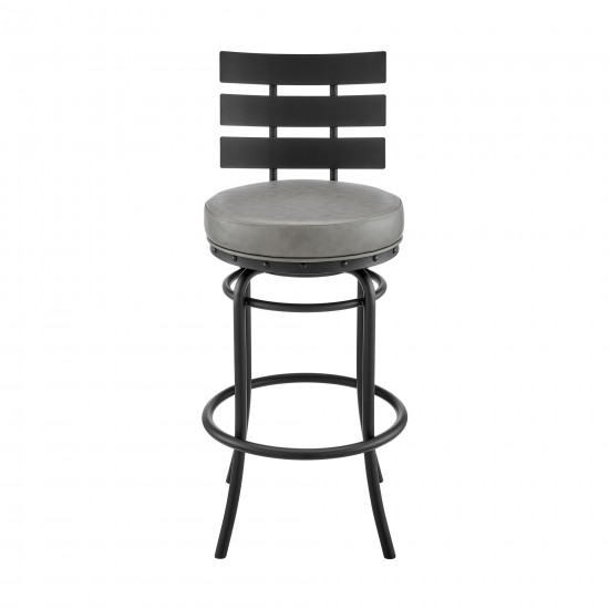 Natya Swivel Counter or Bar Stool in Black Finish and Grey Faux Leather