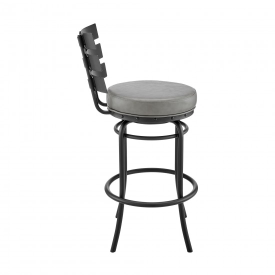 Natya Swivel Counter or Bar Stool in Black Finish and Grey Faux Leather