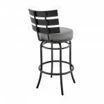 Natya Swivel Counter or Bar Stool in Black Finish and Grey Faux Leather