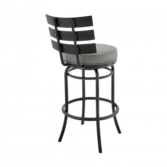 Natya Swivel Counter or Bar Stool in Black Finish with Grey Faux Leather