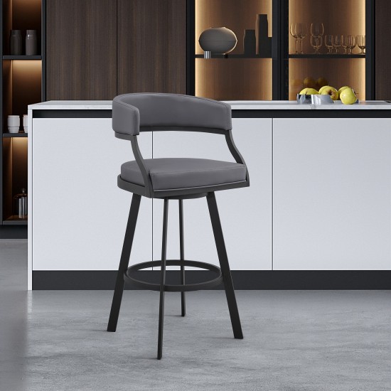 Dione 26" Counter Height Swivel Grey Faux Leather and Black Metal Bar Stool