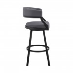 Dione 30" Bar Height Swivel Grey Faux Leather and Black Metal Bar Stool