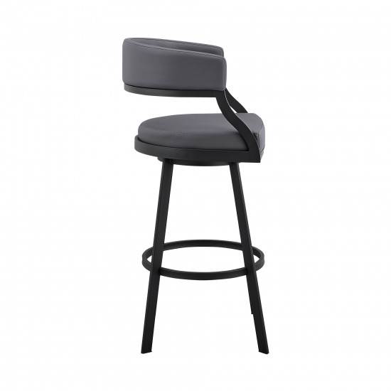 Dione 30" Bar Height Swivel Grey Faux Leather and Black Metal Bar Stool