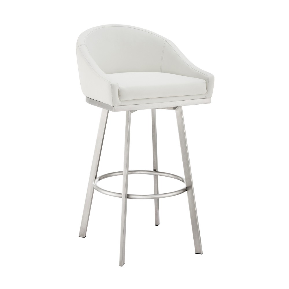 Noran Swivel Bar Stool in Brushed Stainless Steel with White Faux Leather