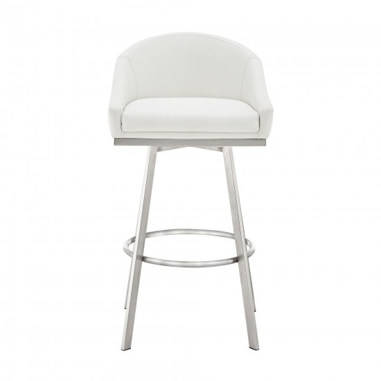 Noran Swivel Bar Stool in Brushed Stainless Steel with White Faux Leather