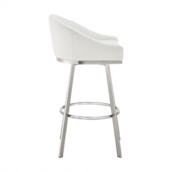 Noran Swivel Bar Stool in Brushed Stainless Steel with White Faux Leather