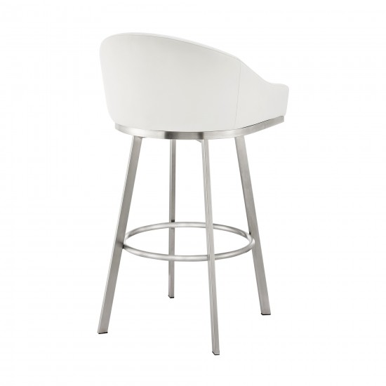 Noran Swivel Bar Stool in Brushed Stainless Steel with White Faux Leather