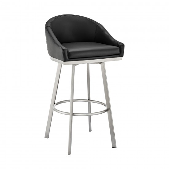 Noran Swivel Bar Stool in Brushed Stainless Steel with Black Faux Leather