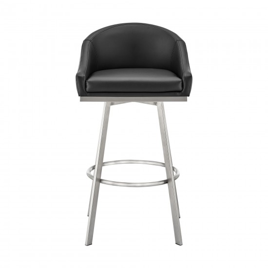 Noran Swivel Bar Stool in Brushed Stainless Steel with Black Faux Leather