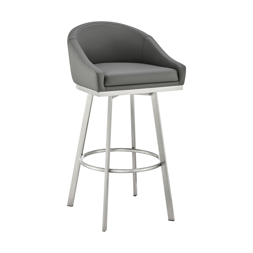 Noran Swivel Bar Stool in Brushed Stainless Steel with Grey Faux Leather