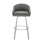 Noran Swivel Bar Stool in Brushed Stainless Steel with Grey Faux Leather