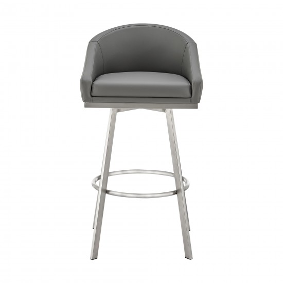 Noran Swivel Bar Stool in Brushed Stainless Steel with Grey Faux Leather