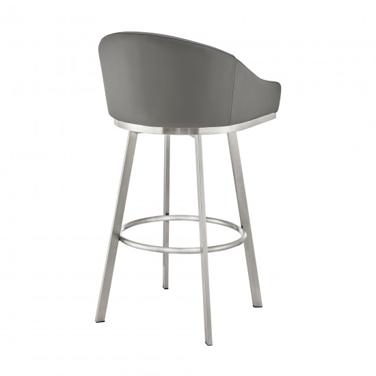 Noran Swivel Bar Stool in Brushed Stainless Steel with Grey Faux Leather