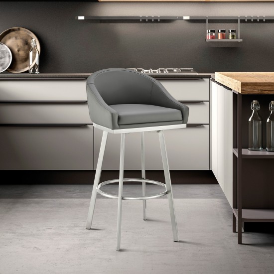 Noran Swivel Bar Stool in Brushed Stainless Steel with Grey Faux Leather