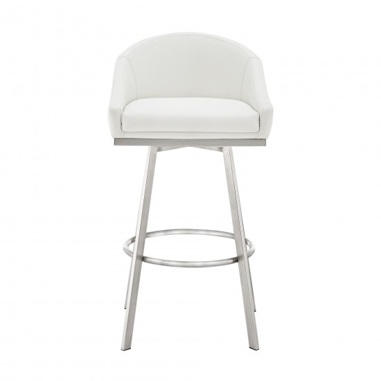 Noran Swivel Counter Stool in Brushed Stainless Steel with White Faux Leather