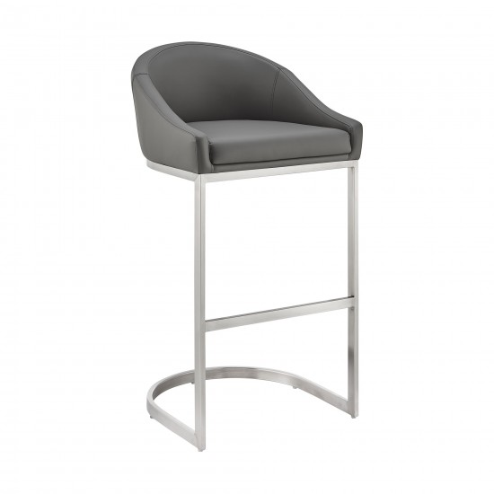 Atherik Bar Stool in Brushed Stainless Steel with Grey Faux Leather