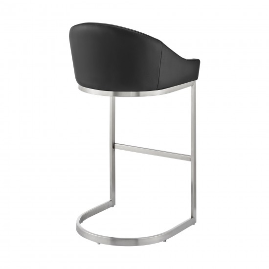 Atherik Bar Stool in Brushed Stainless Steel with Black Faux Leather