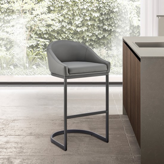 Atherik Bar Stool in Black Metal with Grey Faux Leather