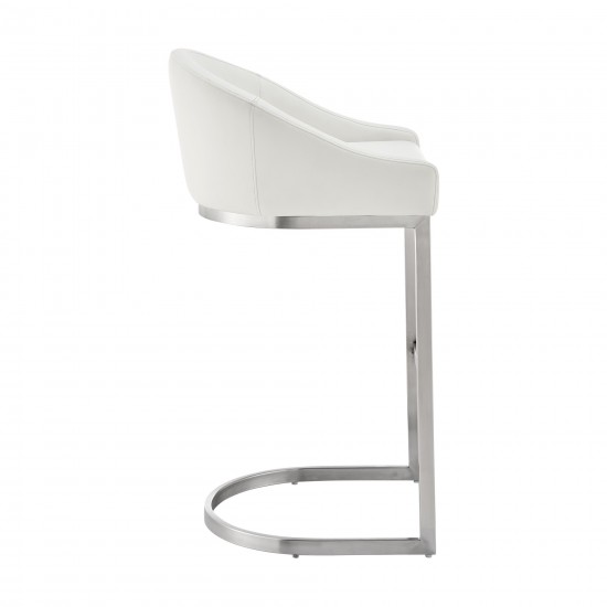 Atherik Counter Stool in Brushed Stainless Steel with White Faux Leather