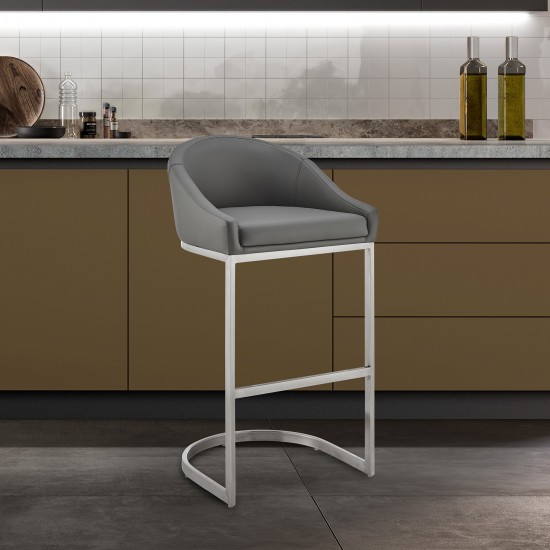 Atherik Counter Stool in Brushed Stainless Steel with Grey Faux Leather