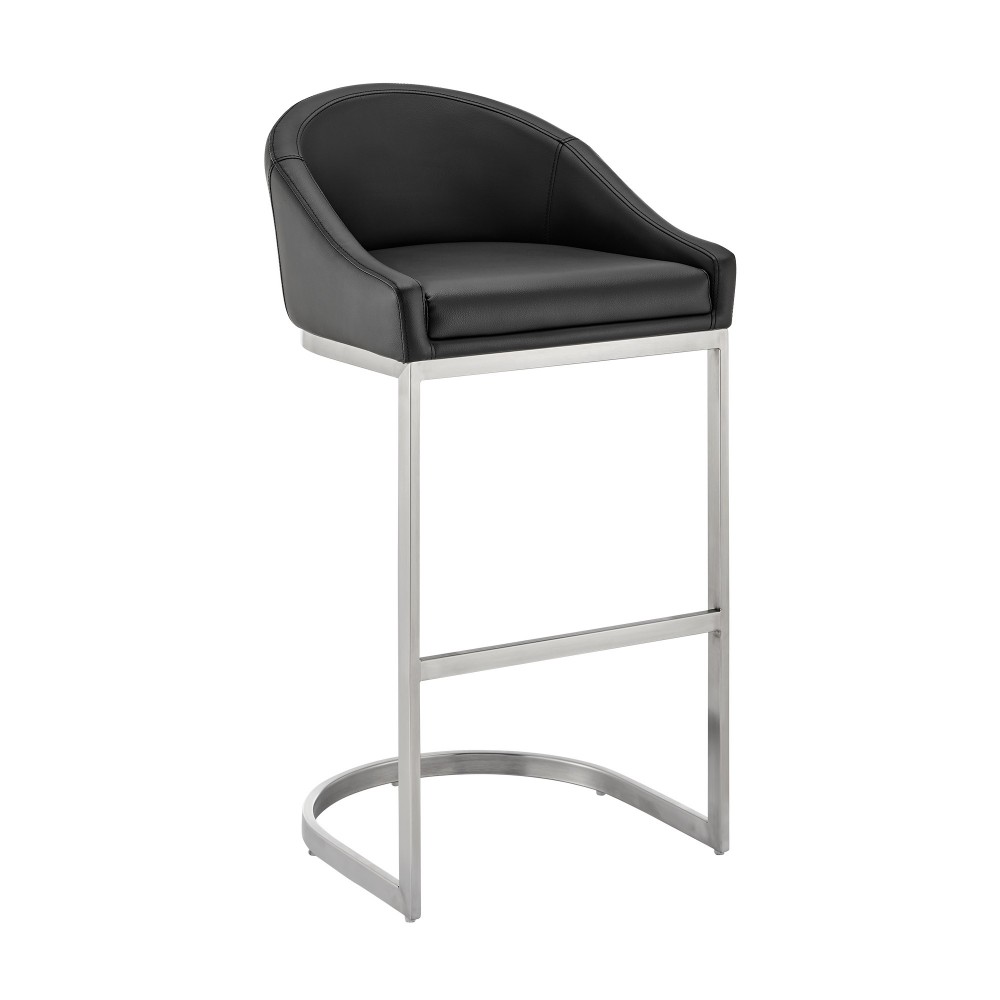 Atherik Counter Stool in Brushed Stainless Steel with Black Faux Leather