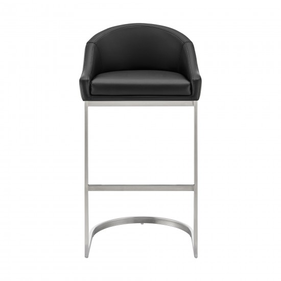 Atherik Counter Stool in Brushed Stainless Steel with Black Faux Leather