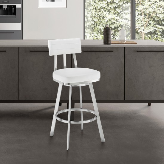 Jinab Swivel Counter Stool in Brushed Stainless Steel with White Faux Leather