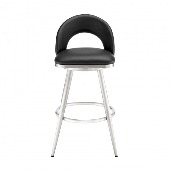 Lottech Swivel Counter Stool in Brushed Stainless Steel and Black Faux Leather