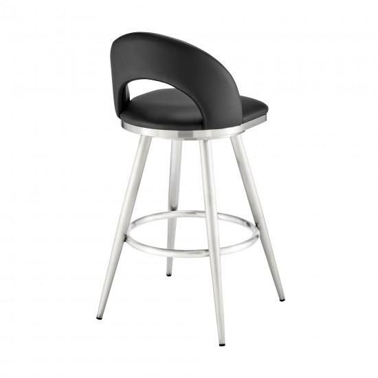 Lottech Swivel Counter Stool in Brushed Stainless Steel and Black Faux Leather