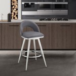 Lottech Swivel Counter Stool in Brushed Stainless Steel and Grey Faux Leather