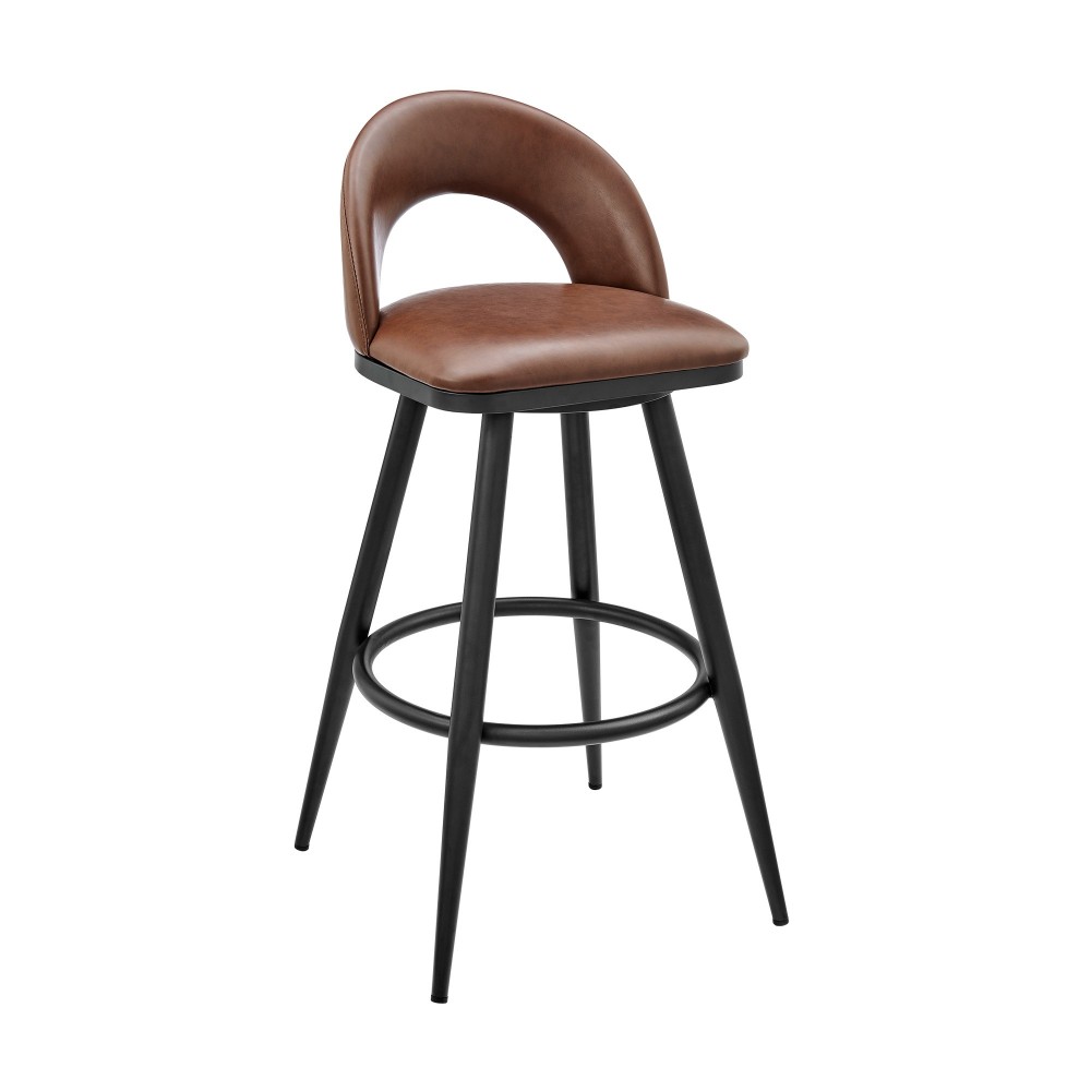 Lottech Swivel Bar Stool in Black Metal with Brown Faux Leather