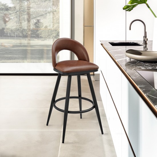 Lottech Swivel Bar Stool in Black Metal with Brown Faux Leather