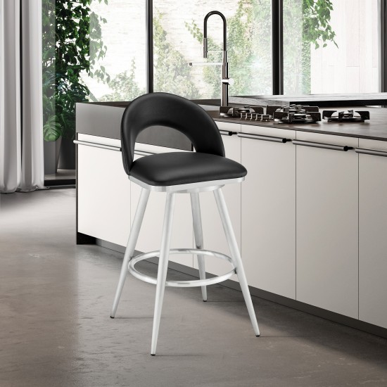 Lottech Swivel Bar Stool in Brushed Stainless Steel with Black Faux Leather