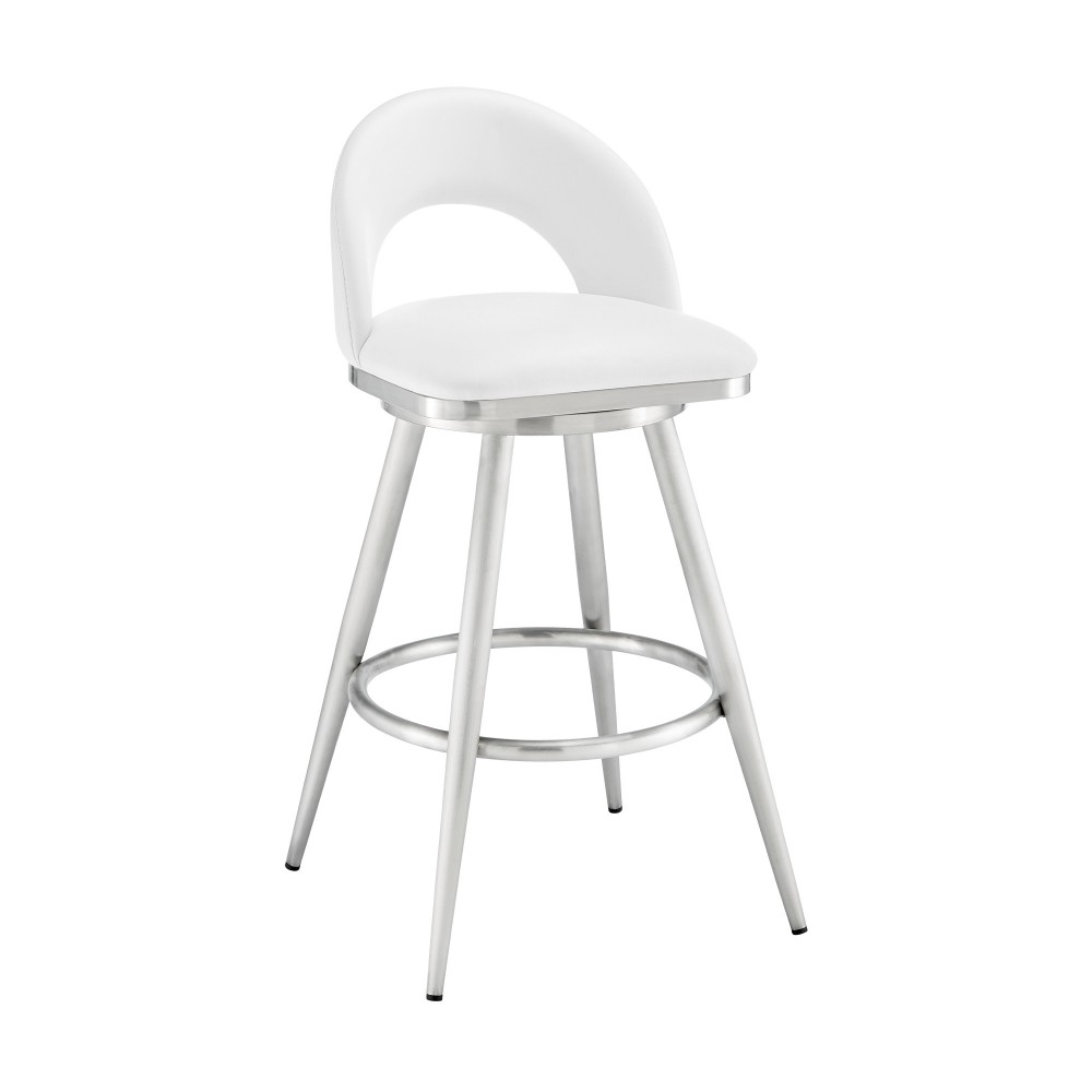 Lottech Swivel Bar Stool in Brushed Stainless Steel with White Faux Leather