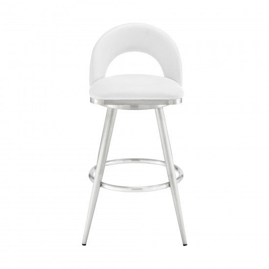 Lottech Swivel Bar Stool in Brushed Stainless Steel with White Faux Leather