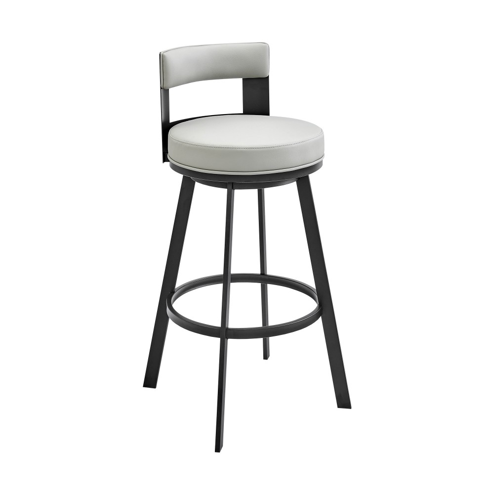 Lynof Swivel Counter Stool in Black Metal with Light Grey Faux Leather