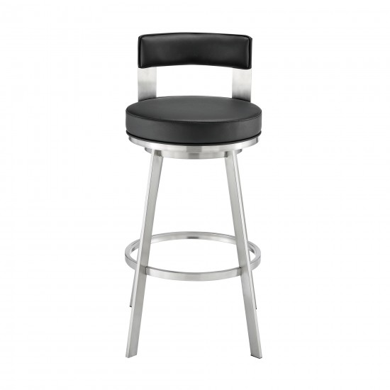 Lynof Swivel Counter Stool in Brushed Stainless Steel with Black Faux Leather