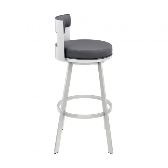 Lynof Swivel Counter Stool in Silver Metal with Grey Faux Leather